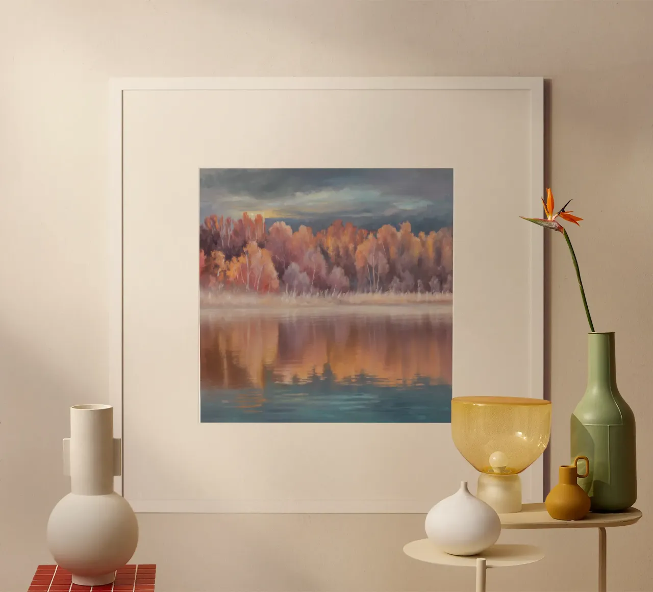 Specchio della foresta cremisi poster con telaio in legno da Solestice Strokes