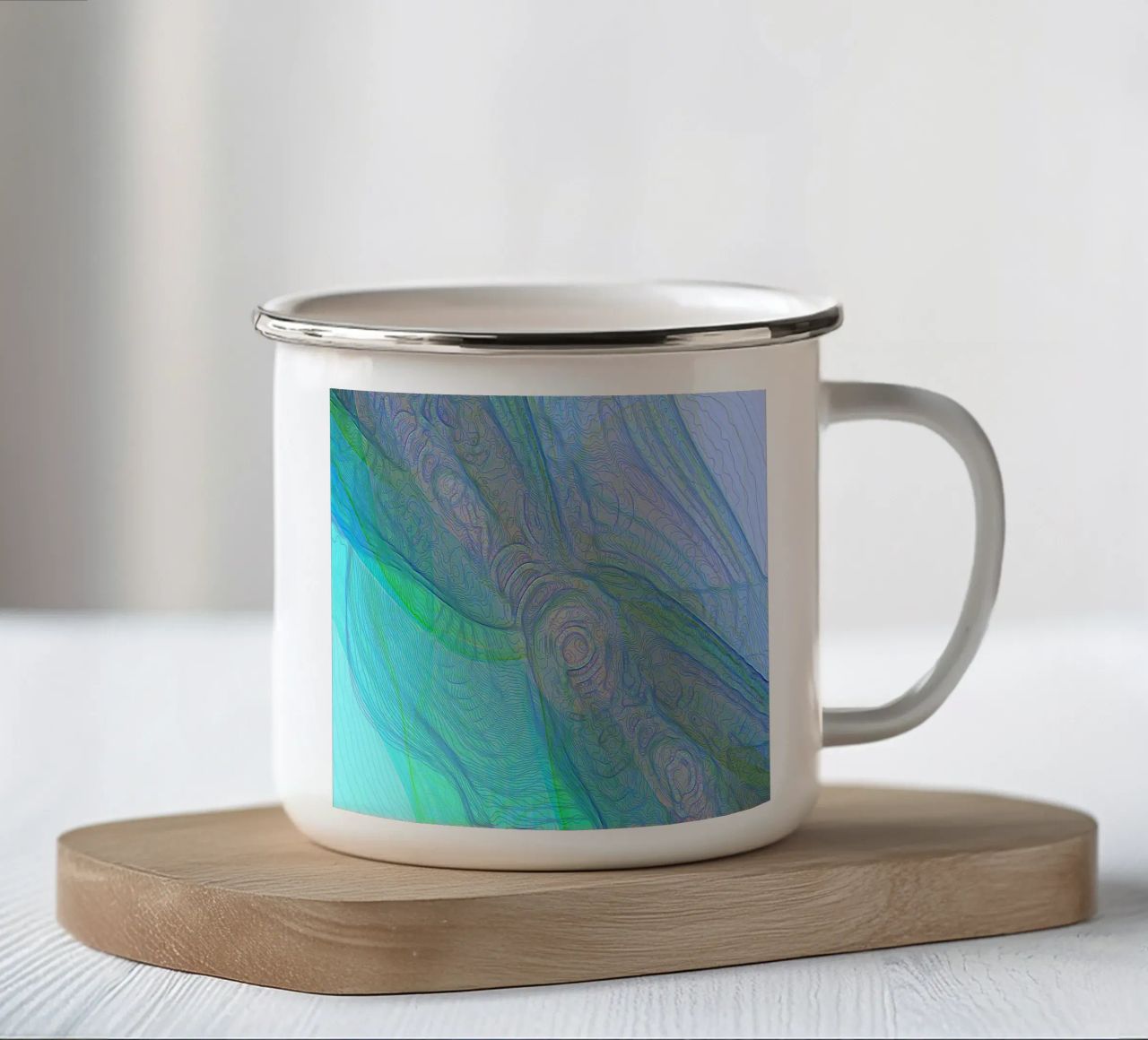 Illusione di linee e forme blu turchese tazza in smalto da Gürsel Yesil Digital Art