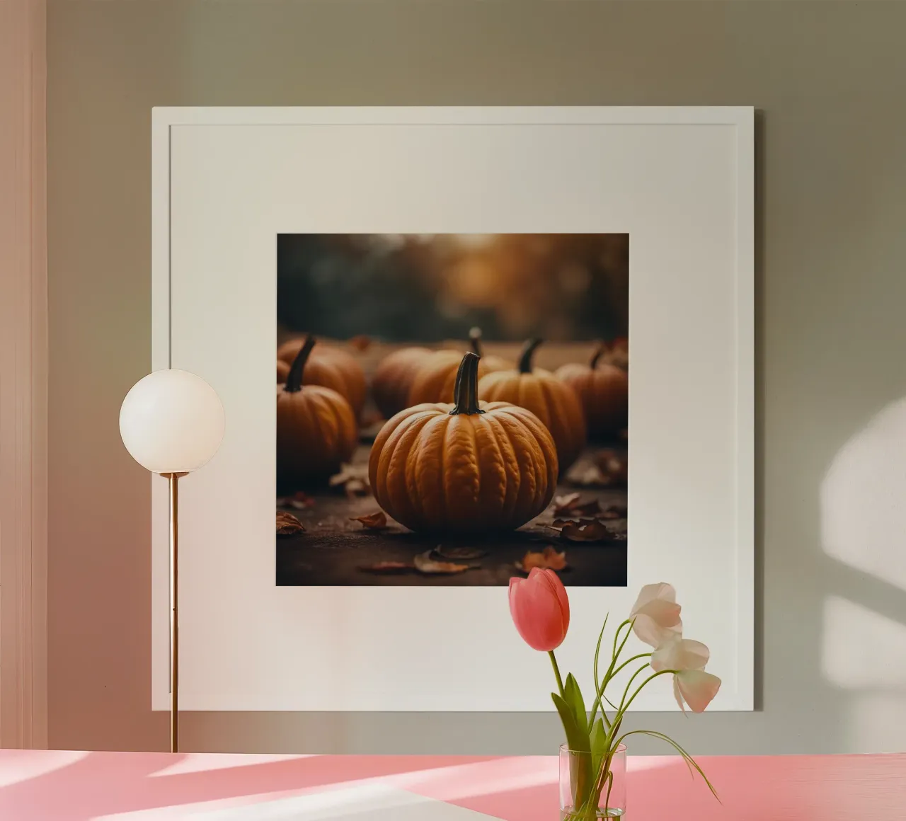 Des citrouilles sur une table d'automne rustique hahnemühle de PhotoVibe Decor