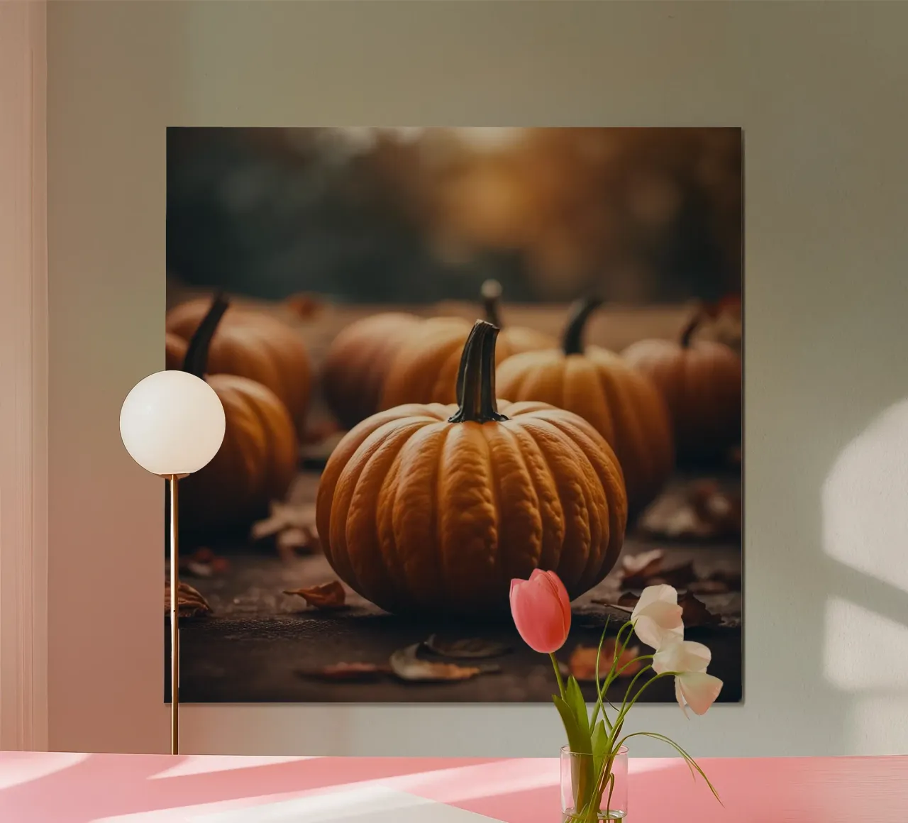 Des citrouilles sur une table d'automne rustique hahnemühle de PhotoVibe Decor