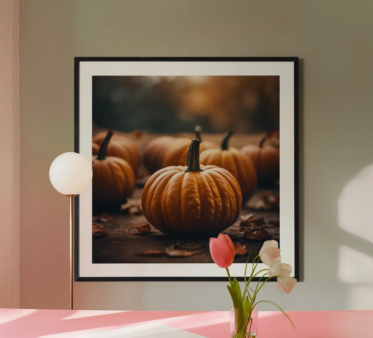 Des citrouilles sur une table d'automne rustique hahnemühle de PhotoVibe Decor