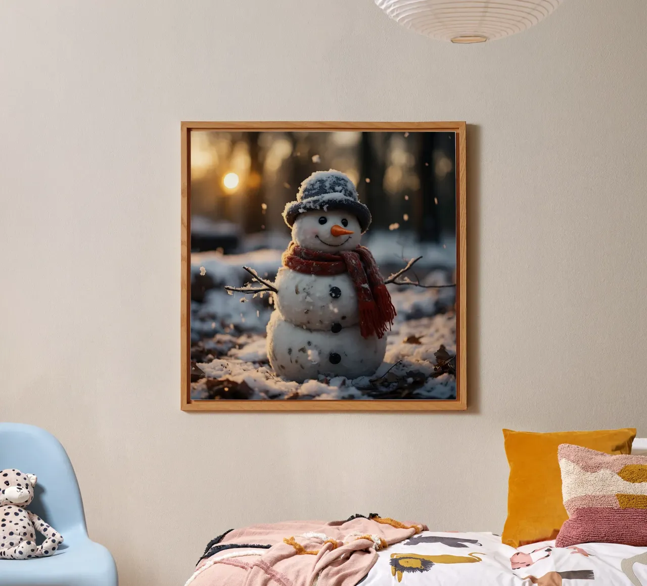 Pupazzo di neve al tramonto in una foresta invernale alluminio dibond da PhotoVibe Decor