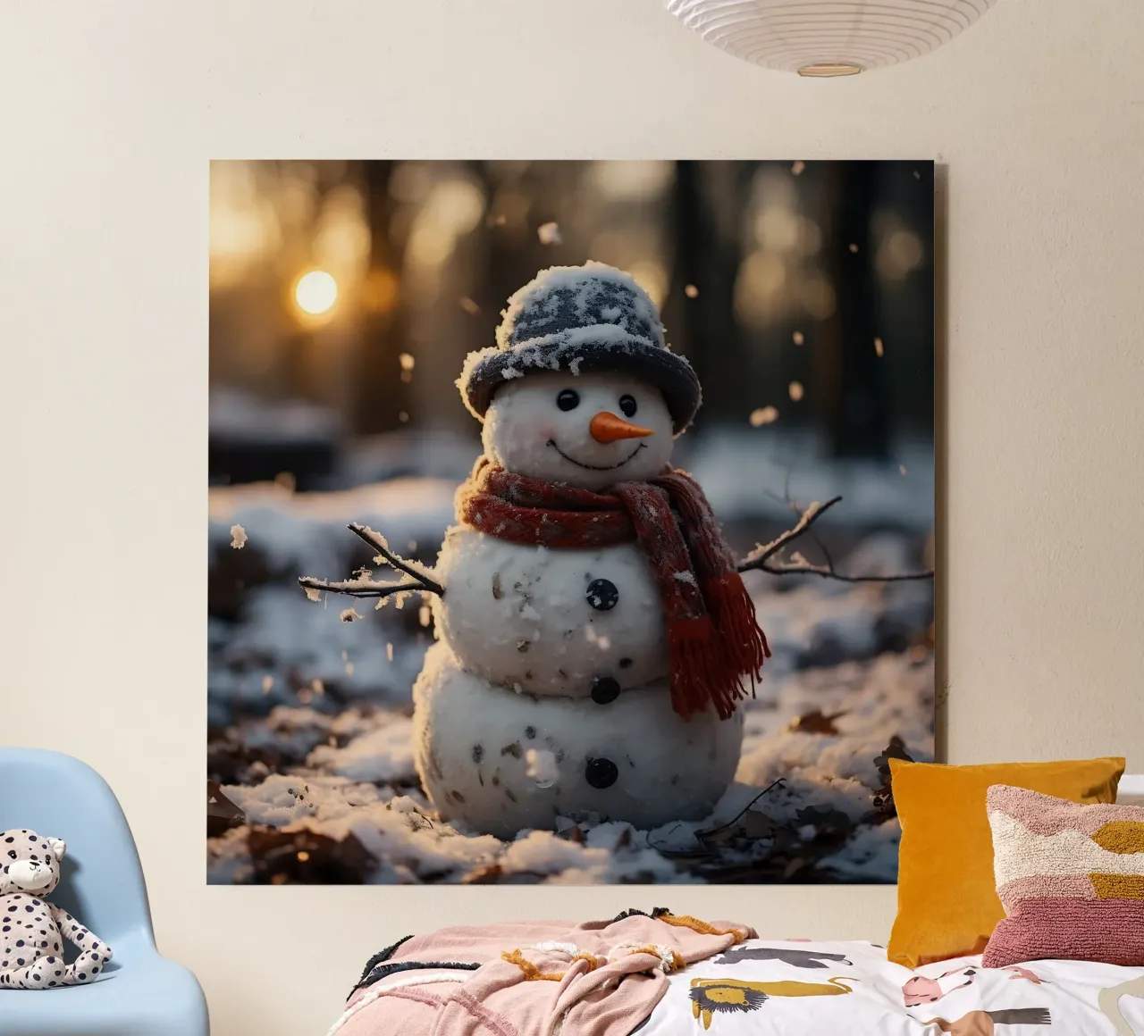 Pupazzo di neve al tramonto in una foresta invernale alluminio dibond da PhotoVibe Decor