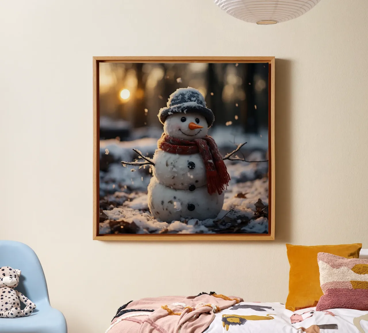 Pupazzo di neve al tramonto in una foresta invernale tela con Cornice a cassetta da PhotoVibe Decor