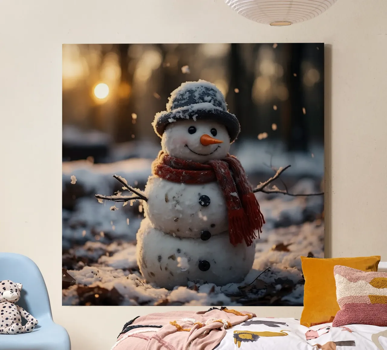 Pupazzo di neve al tramonto in una foresta invernale tela con Cornice a cassetta da PhotoVibe Decor