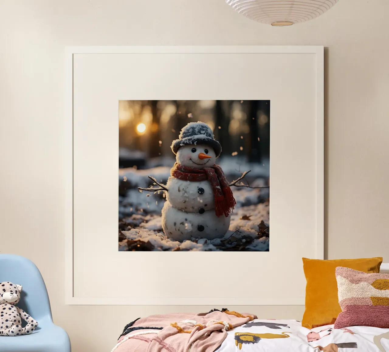 Pupazzo di neve al tramonto in una foresta invernale carta hahnemühle da PhotoVibe Decor