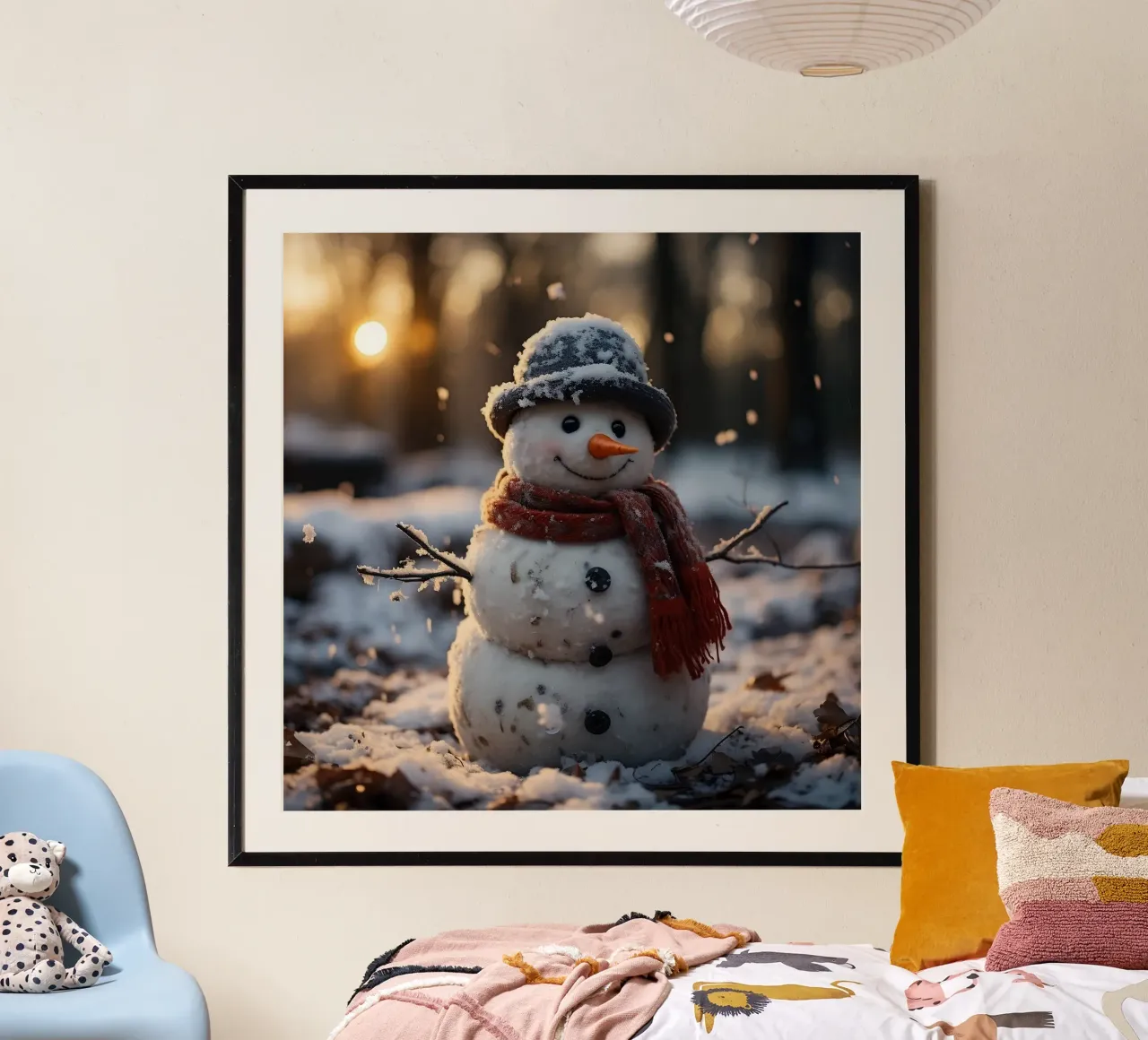 Pupazzo di neve al tramonto in una foresta invernale carta hahnemühle da PhotoVibe Decor