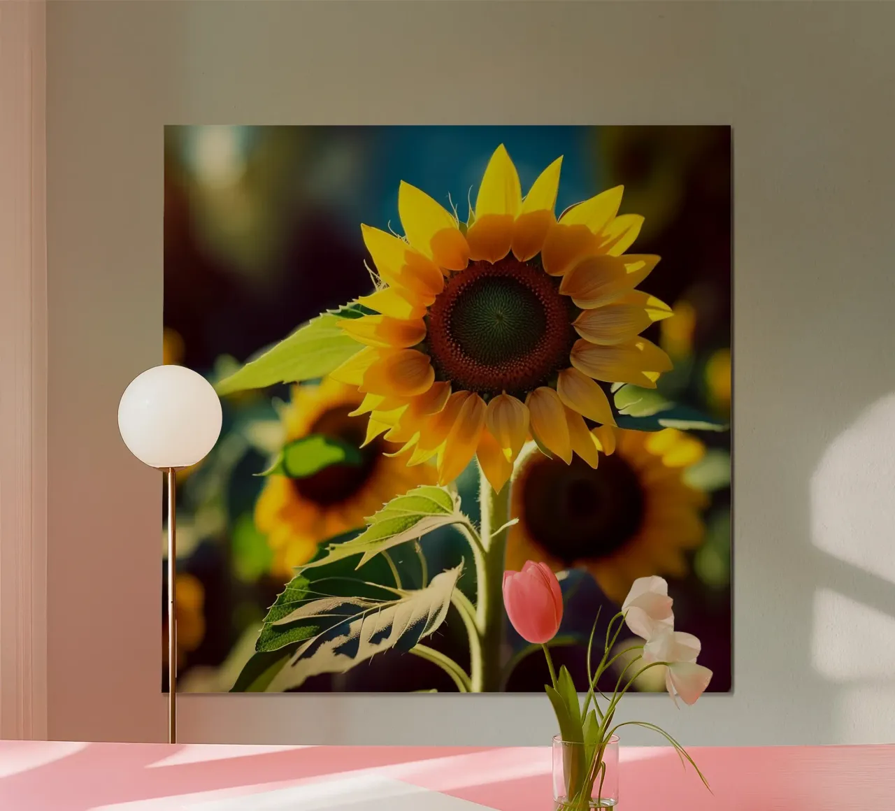 Sonnenblume in der Morgensonne Poster mit Aluminium Rahmen von PhotoVibe Decor