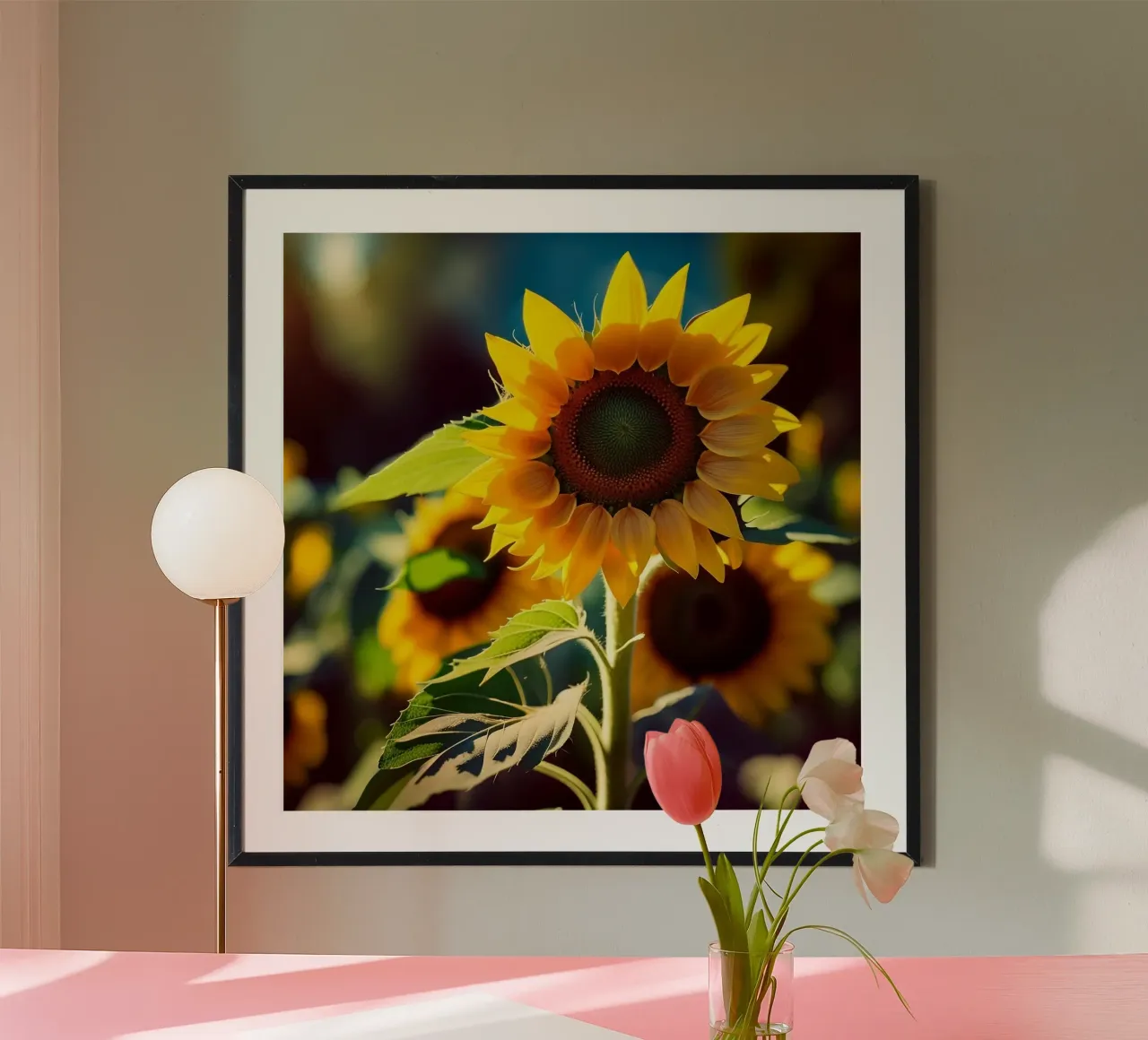 Sonnenblume in der Morgensonne Poster mit Aluminium Rahmen von PhotoVibe Decor
