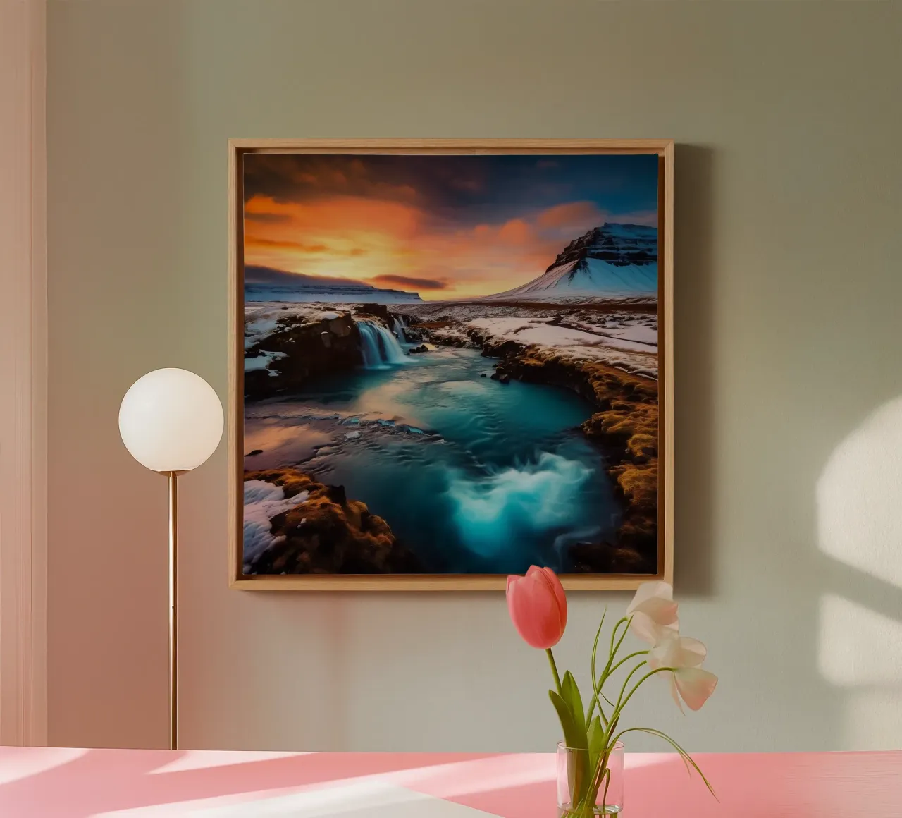 Sunset over Icy Waterfalls and Mountain canvas with Floater frame by PhotoVibe Decor