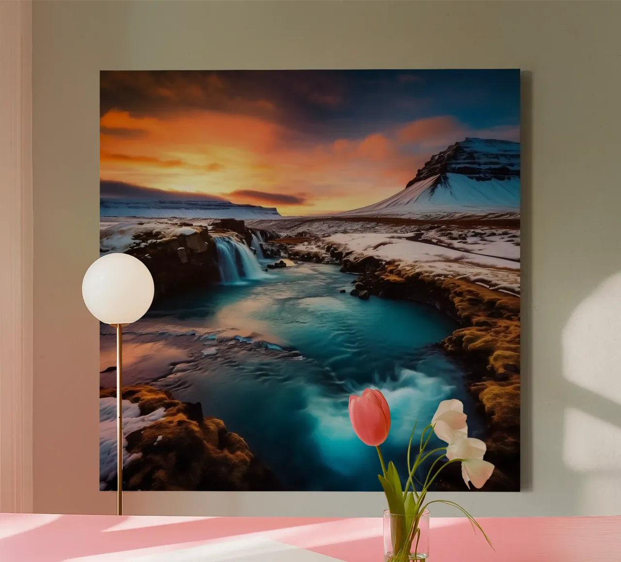 Sunset over Icy Waterfalls and Mountain canvas with Floater frame by PhotoVibe Decor
