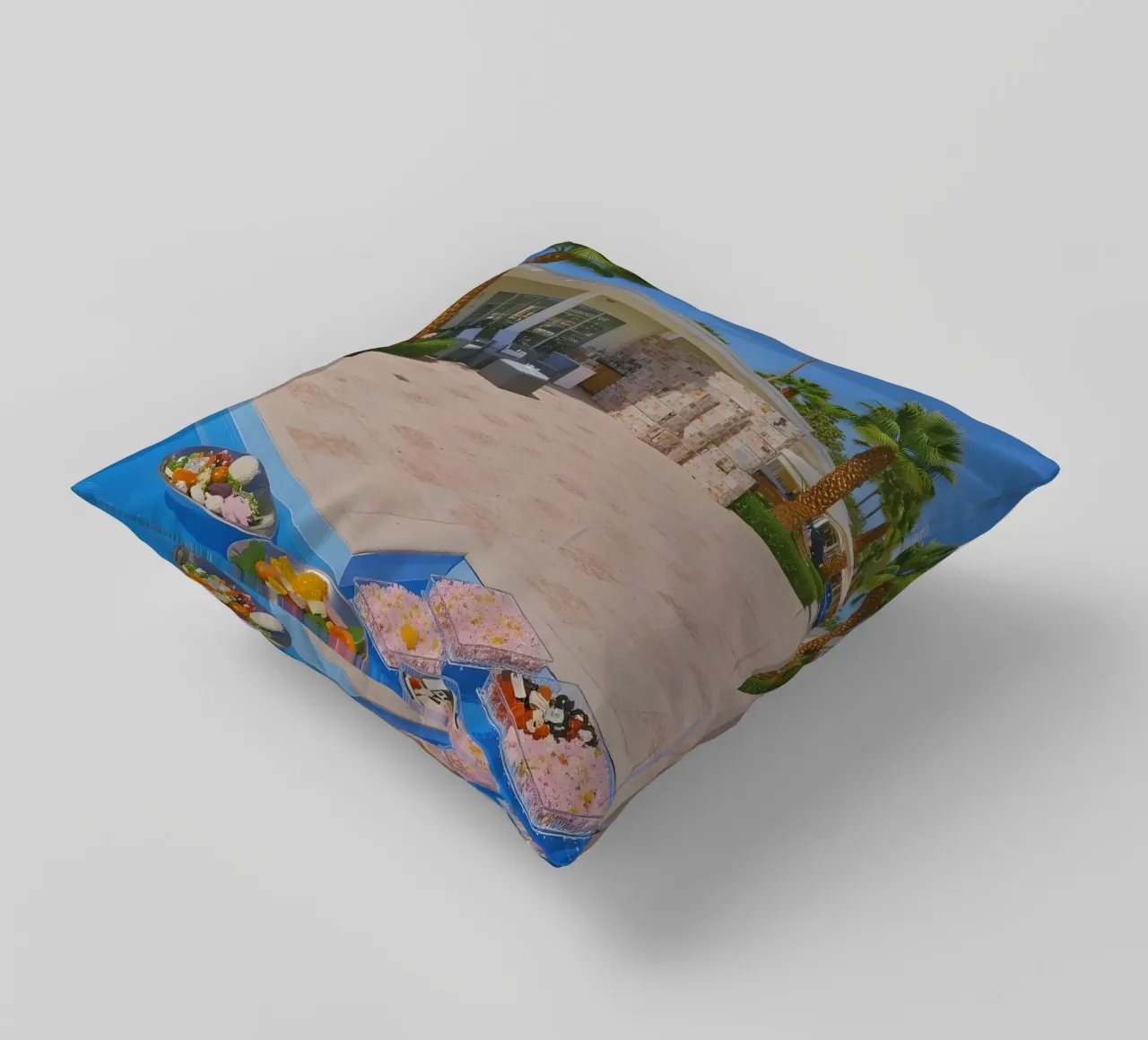 Retro California 80s pool coconut trees snacks cuscino da heaventrain