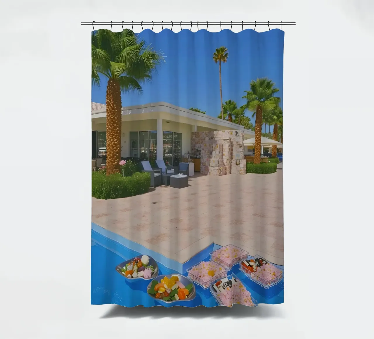 Retro California 80s pool coconut trees snacks tenda da doccia da heaventrain