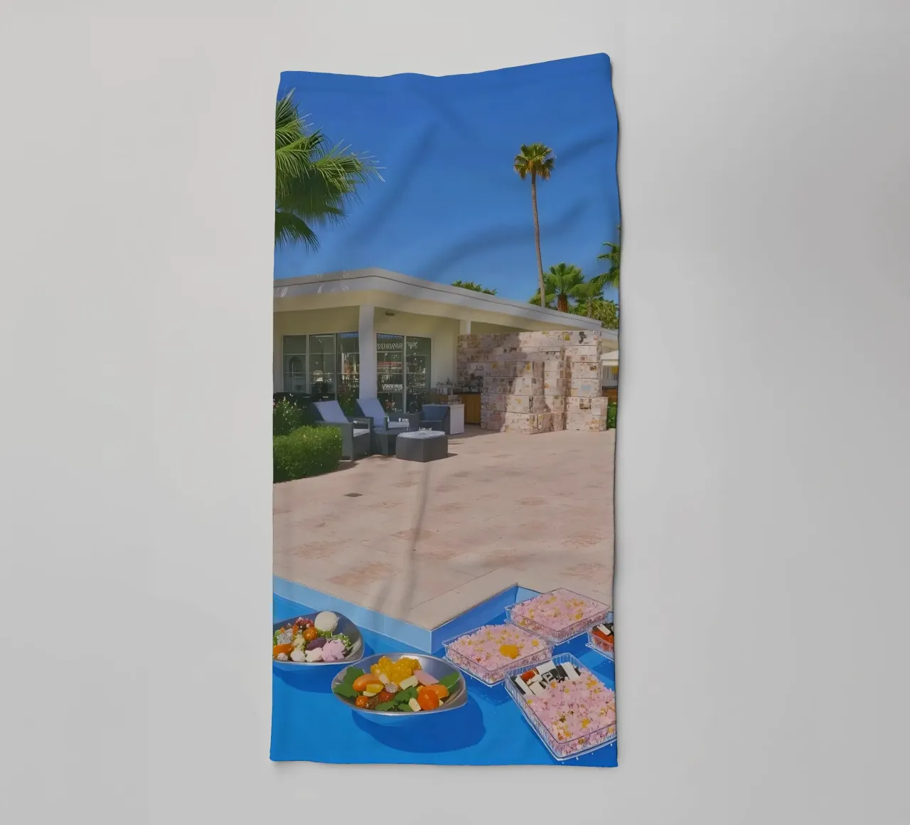 Retro California 80s pool coconut trees snacks asciugamano da bagno da heaventrain