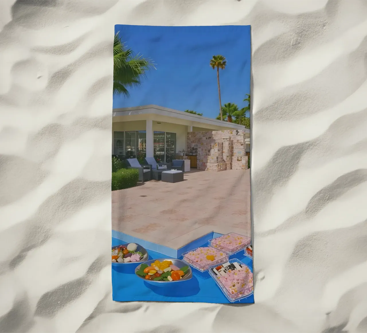 Retro California 80s pool coconut trees snacks telo mare da heaventrain