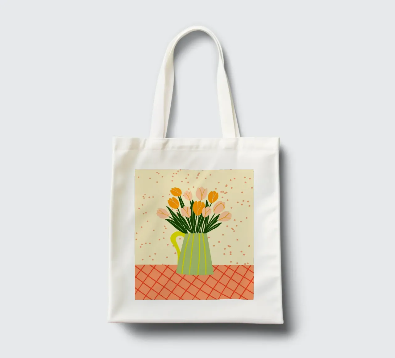 Tulipani in vaso - arancio e verde borsa in juta da Wackapacka