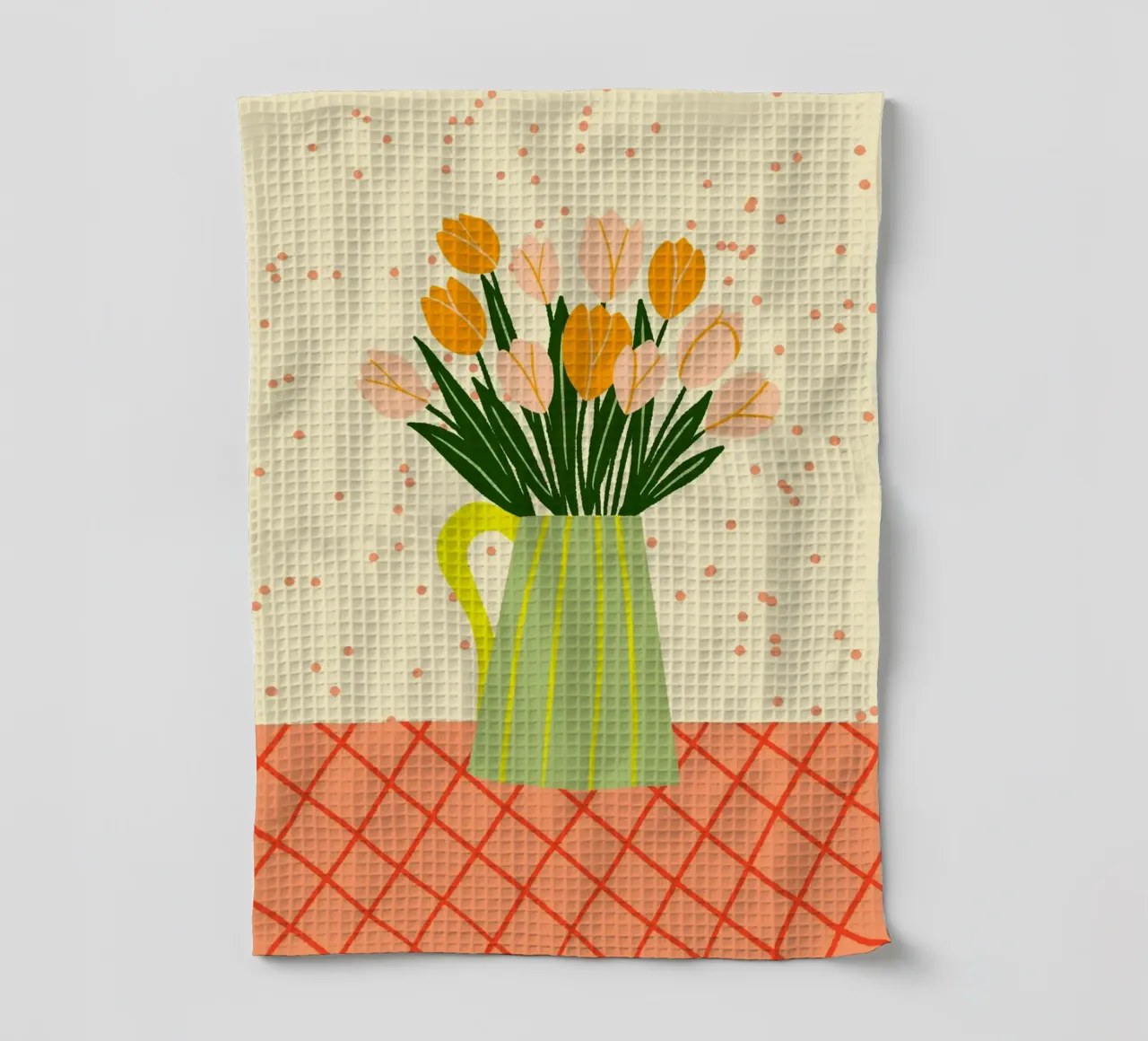 Tulipani in vaso - arancio e verde canovaccio da cucina da Wackapacka