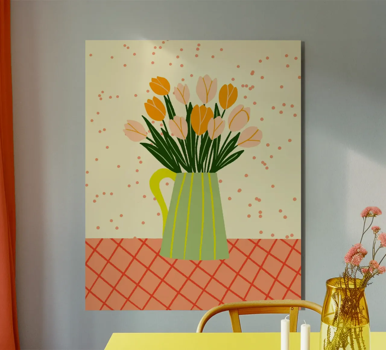 Tulipani in vaso - arancio e verde alluminio dibond da Wackapacka
