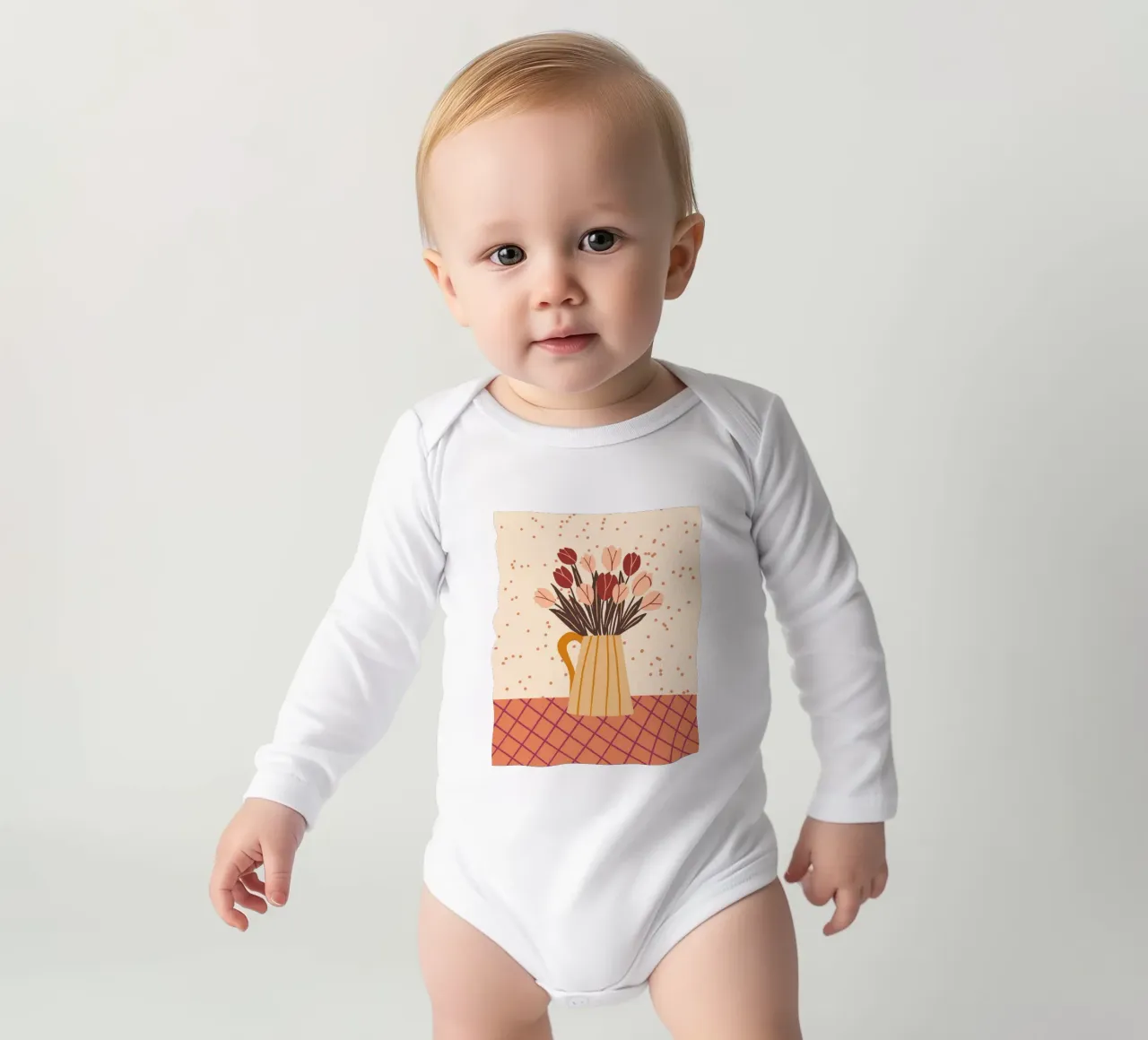 Tulips in a vase - cream and brown long-sleeve baby romper by Wackapacka