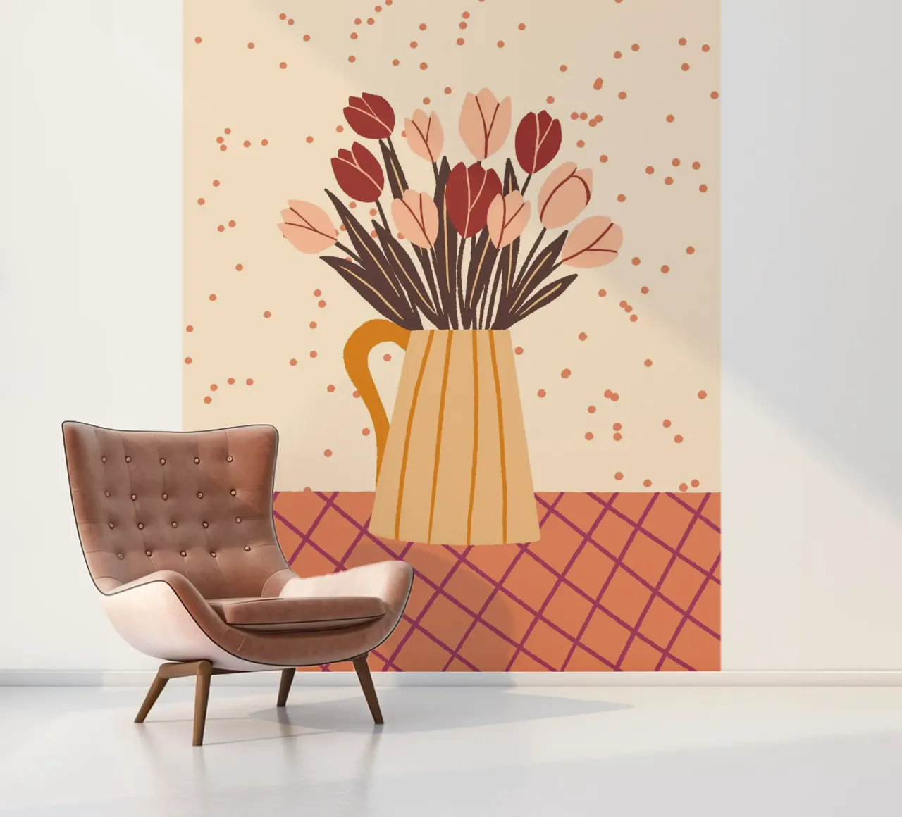 Tulips in a vase - cream and brown photo wallpaper by Wackapacka