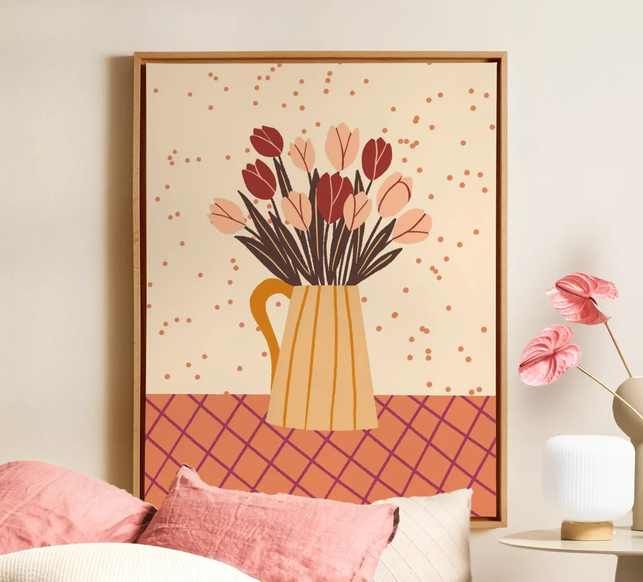 Tulipani in vaso - crema e marrone tela con Cornice a cassetta da Wackapacka