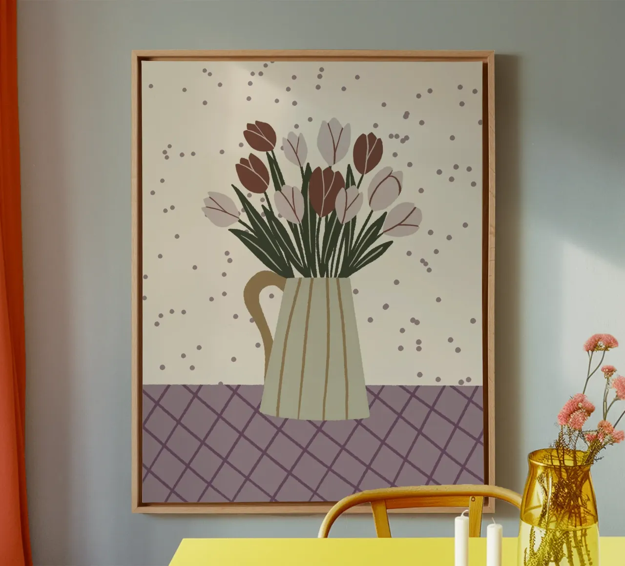 Tulips in a vase - moody canvas with Floater frame by Wackapacka