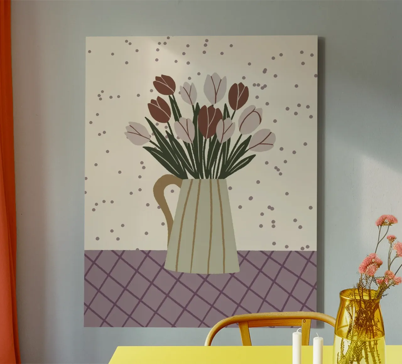 Tulips in a vase - moody canvas with Floater frame by Wackapacka