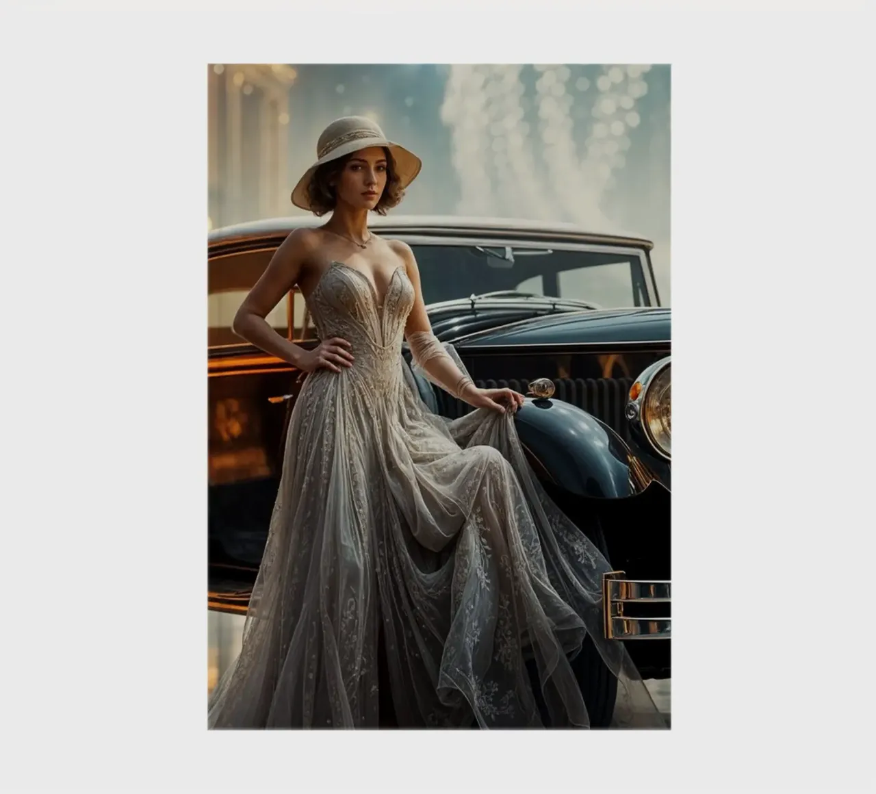 Elegante Frau aus den 1920er Jahren posiert neben einem Rolls-Royce Notizbuch von Magic Screen
