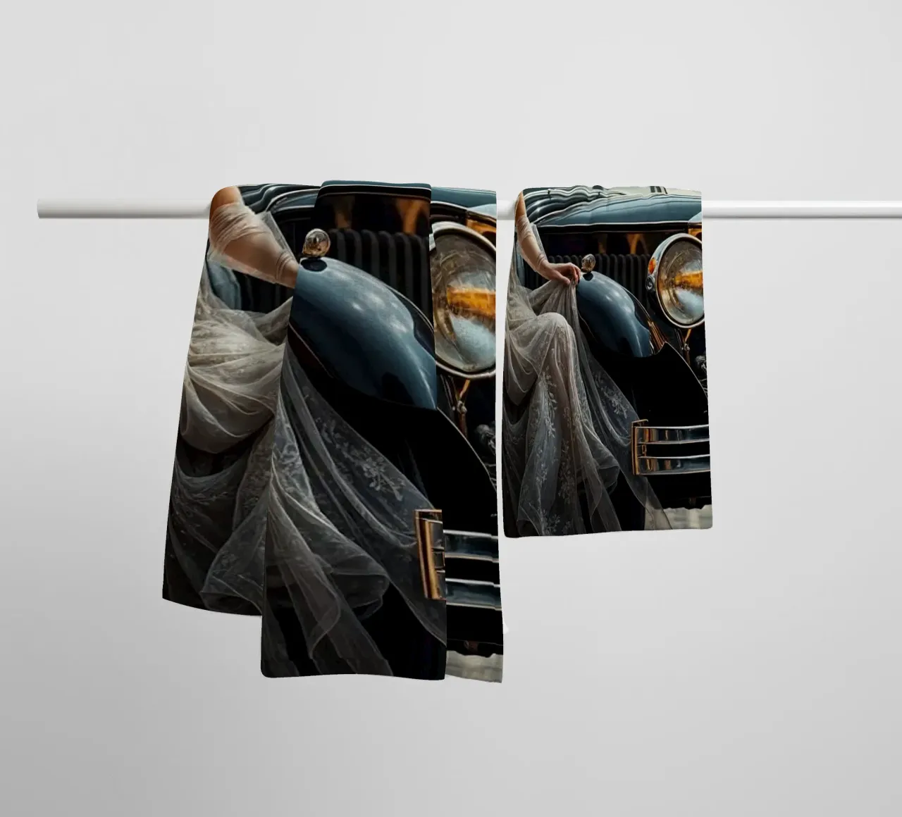 Elegant 1920s woman posing next to a Rolls-Royce towel by Magic Screen
