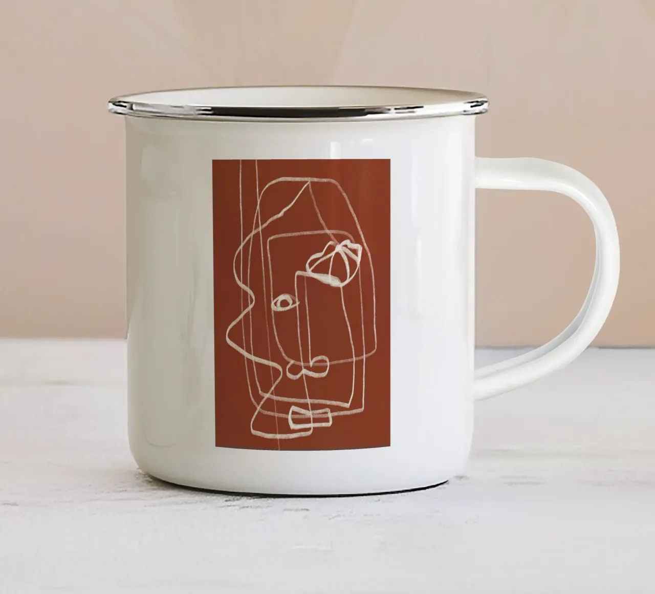 Line art ritratto astratto terracotta 03 tazza in smalto da Little Dean