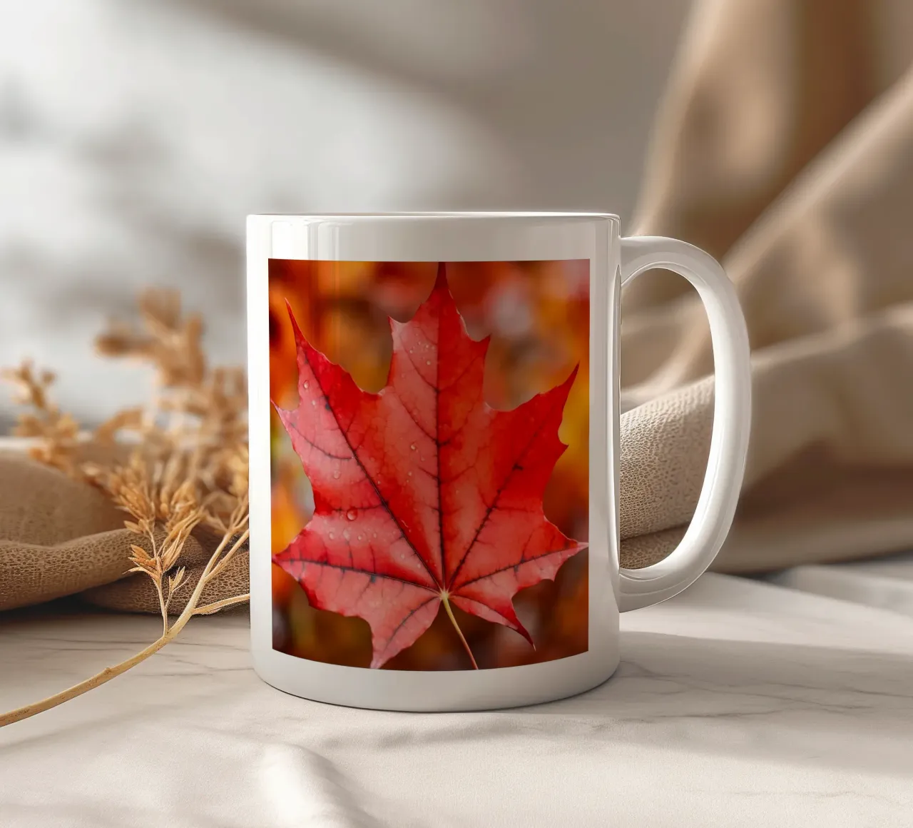 Vibrant Red Maple Leaf Close-Up ceramic mug by PhotoVibe Decor