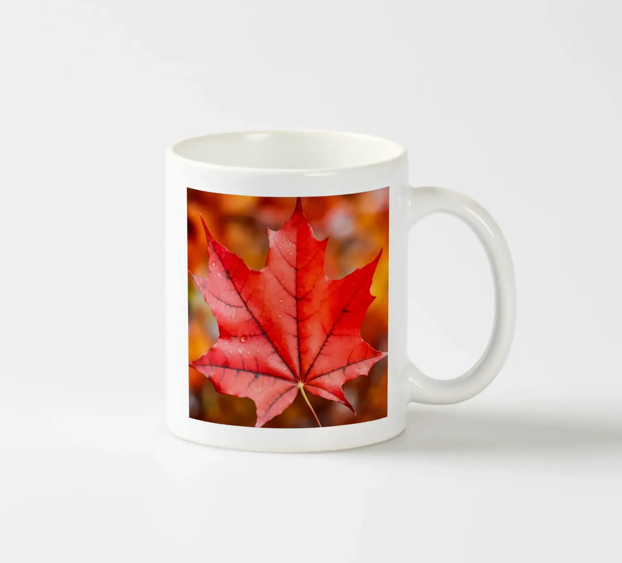 Vibrant Red Maple Leaf Close-Up ceramic mug by PhotoVibe Decor