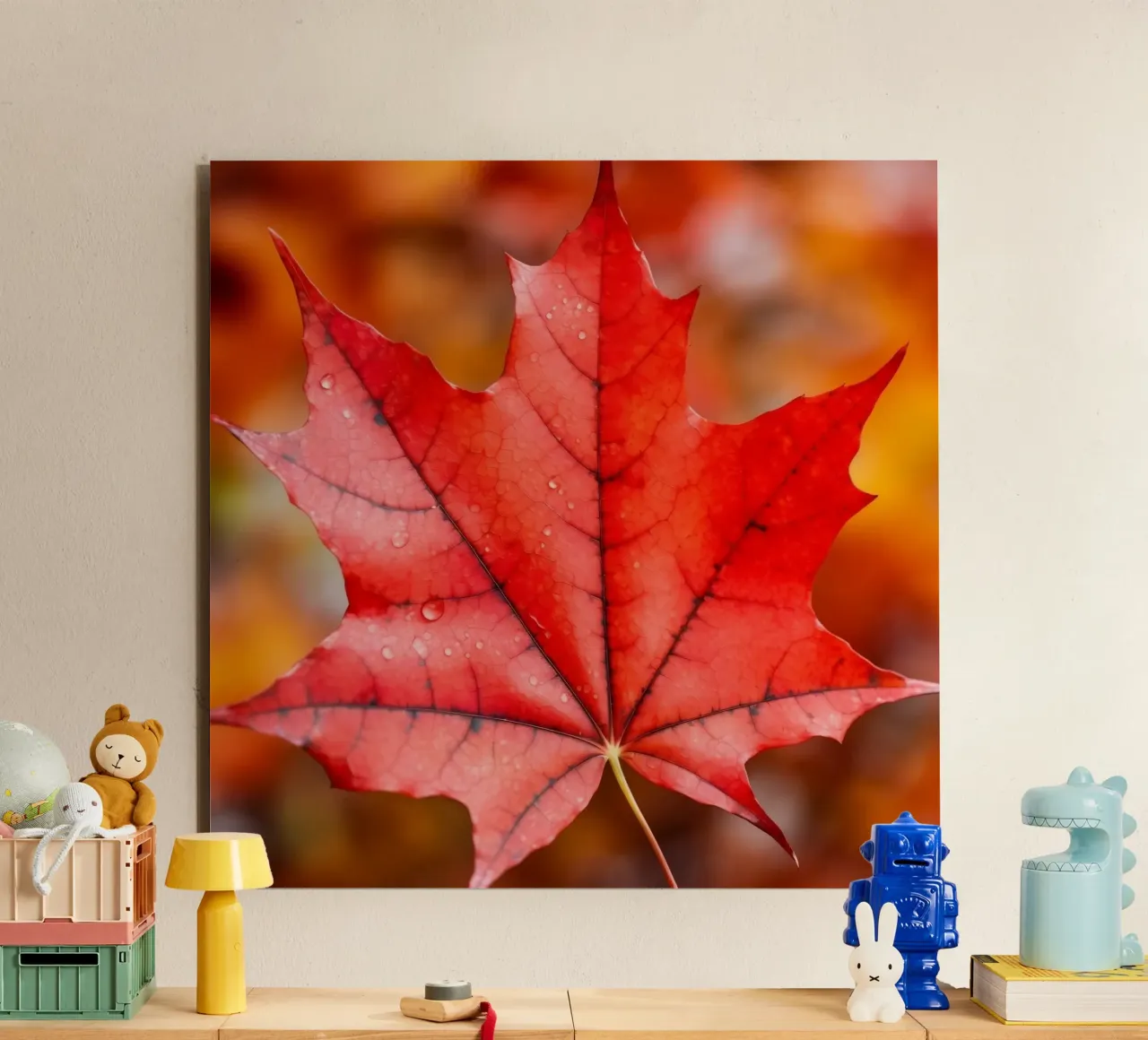 Vibrant Red Maple Leaf Close-Up alu-dibond by PhotoVibe Decor