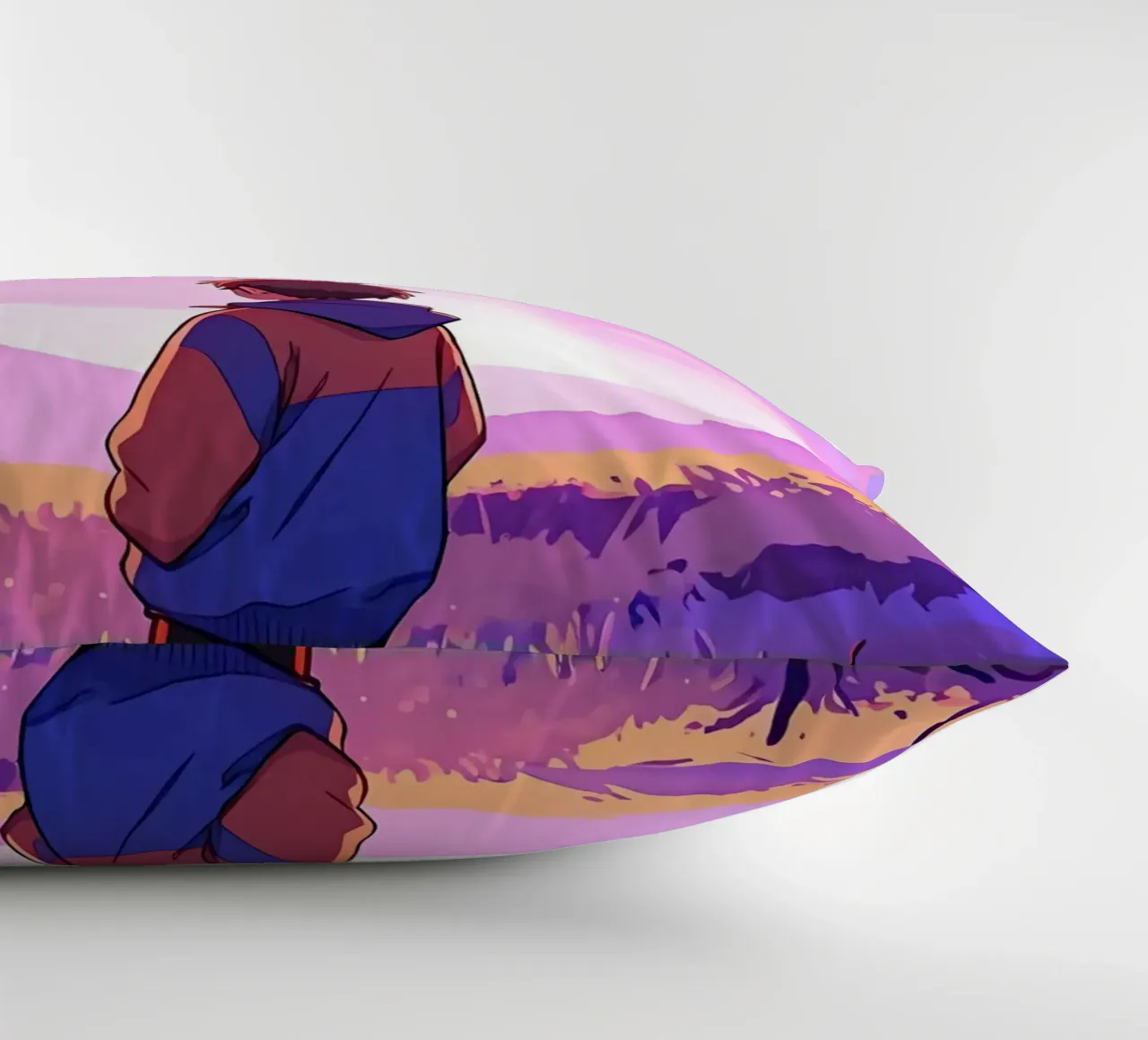 Boy Looking At Rainbow In Purple Sky Lofi Art decorative cushion by LoFi Gallery