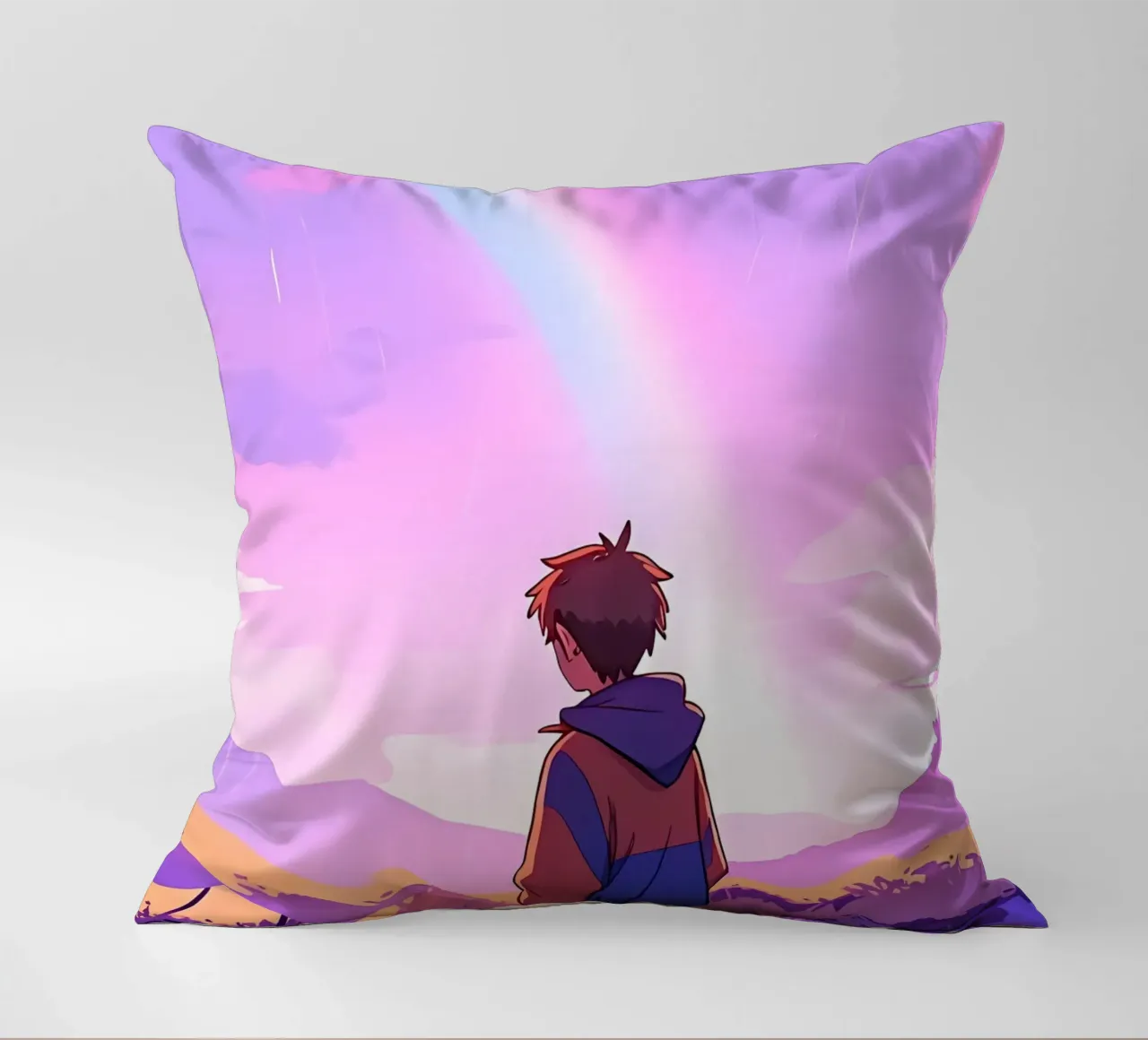 Boy Looking At Rainbow In Purple Sky Lofi Art decorative cushion by LoFi Gallery