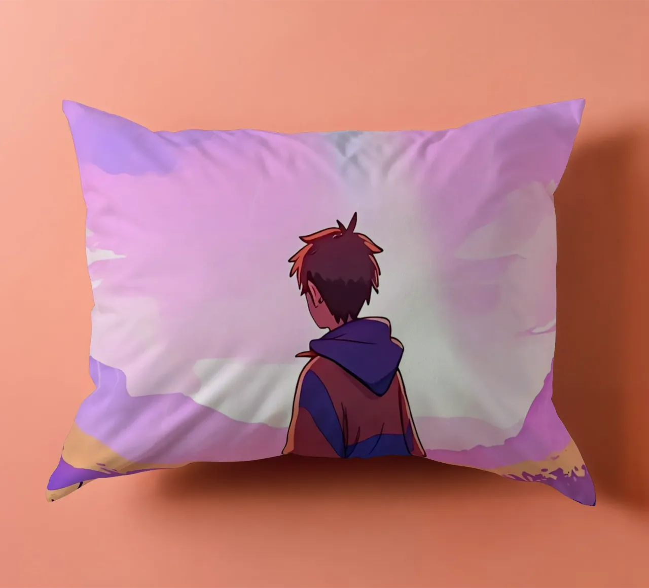 Boy Looking At Rainbow In Purple Sky Lofi Art decorative cushion by LoFi Gallery