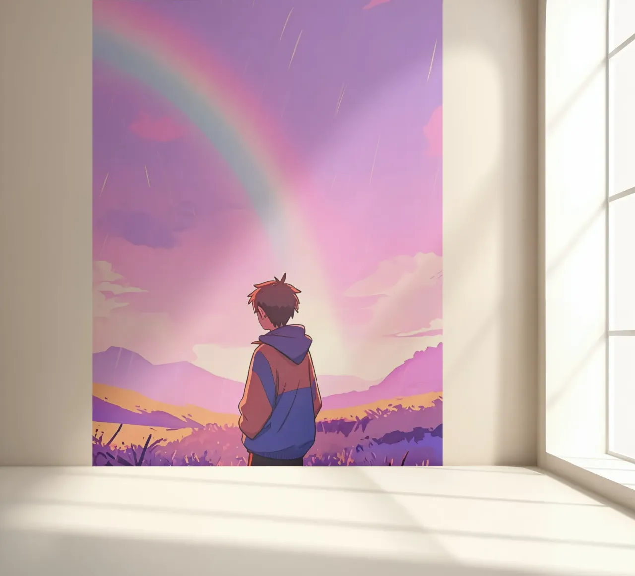Junge mit Blick auf Regenbogen in lila Himmel Lofi Kunst Fototapete von LoFi Gallery