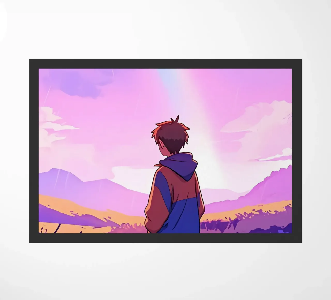 Boy Looking At Rainbow In Purple Sky Lofi Art doormat by LoFi Gallery