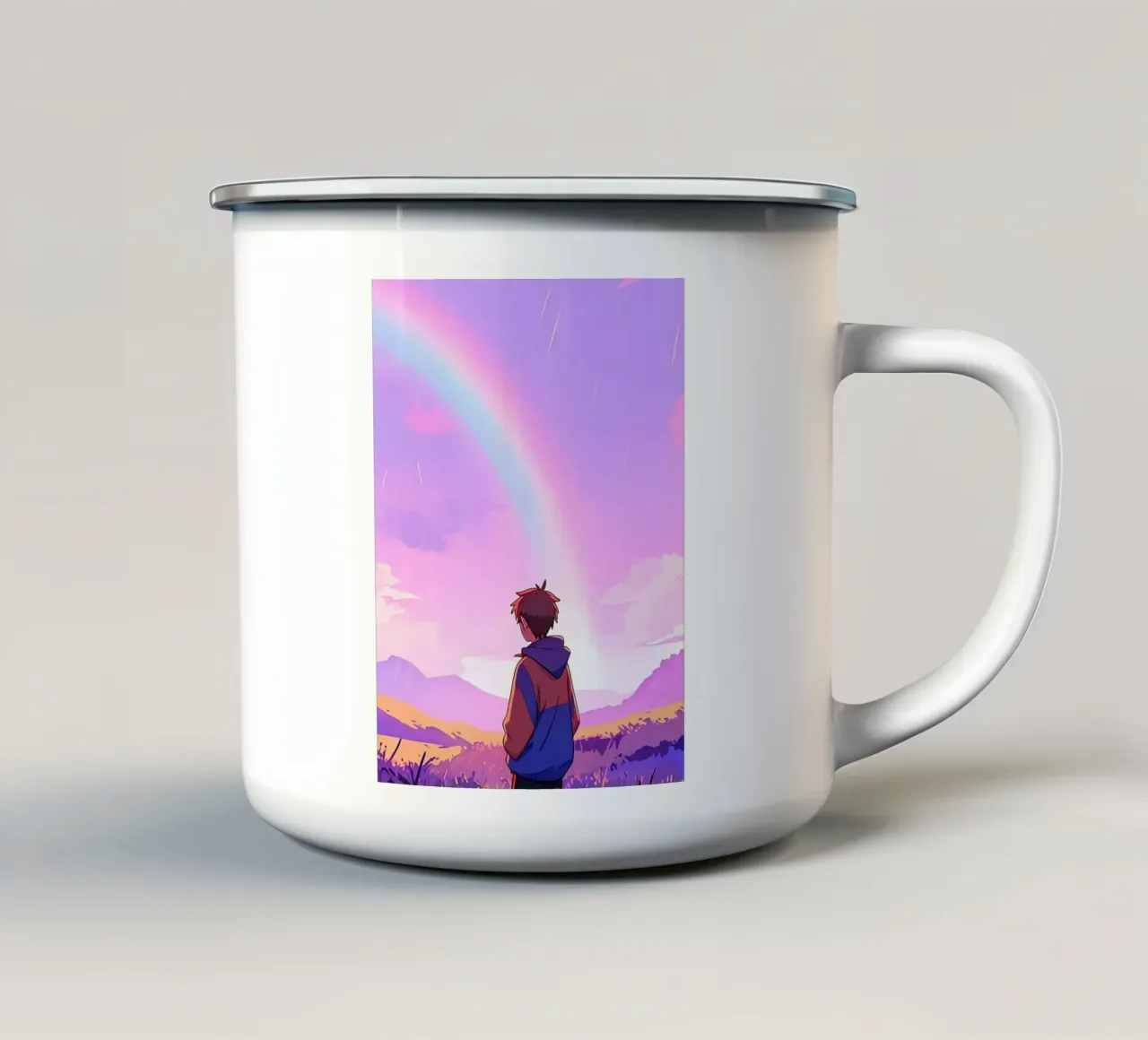 Ragazzo che guarda l'arcobaleno nel cielo viola Lofi Art tazza in smalto da LoFi Gallery