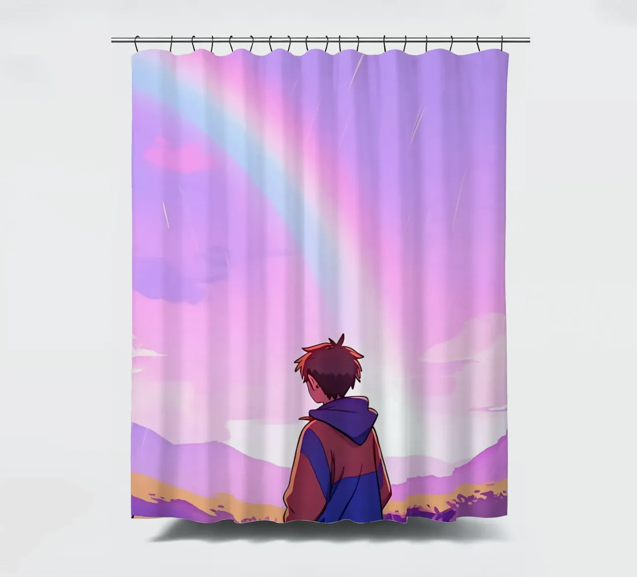 Boy Looking At Rainbow In Purple Sky Lofi Art shower curtain by LoFi Gallery