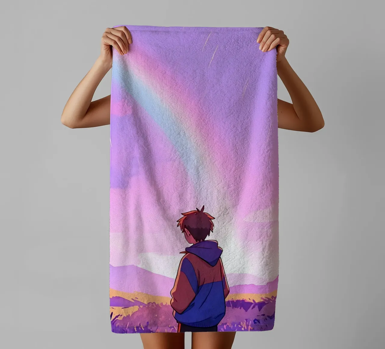 Garçon regardant un arc-en-ciel dans un ciel violet Lofi Art serviette de bain de LoFi Gallery