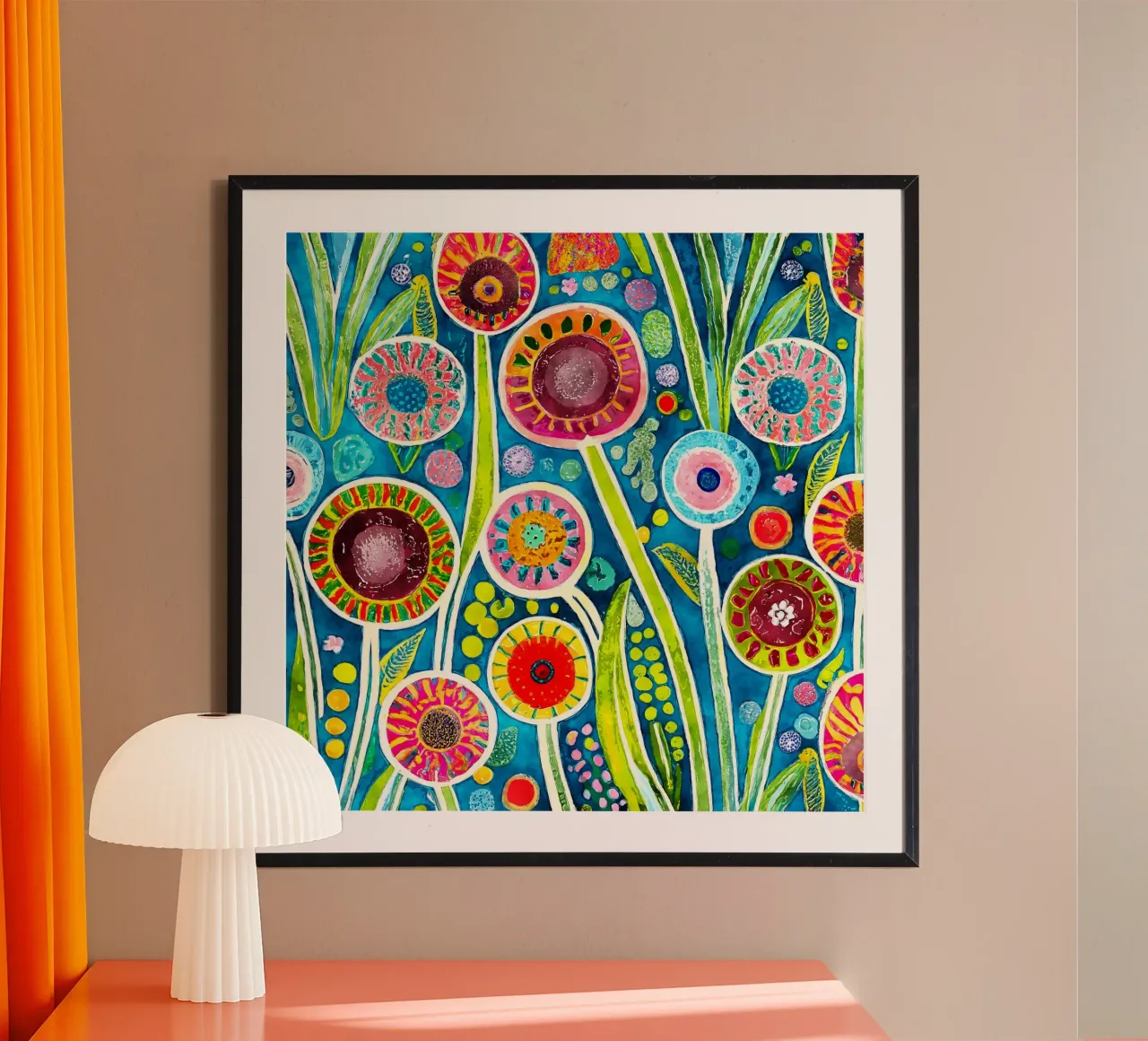 Funky Dandelions poster with wooden frame by Botanical Pattern House