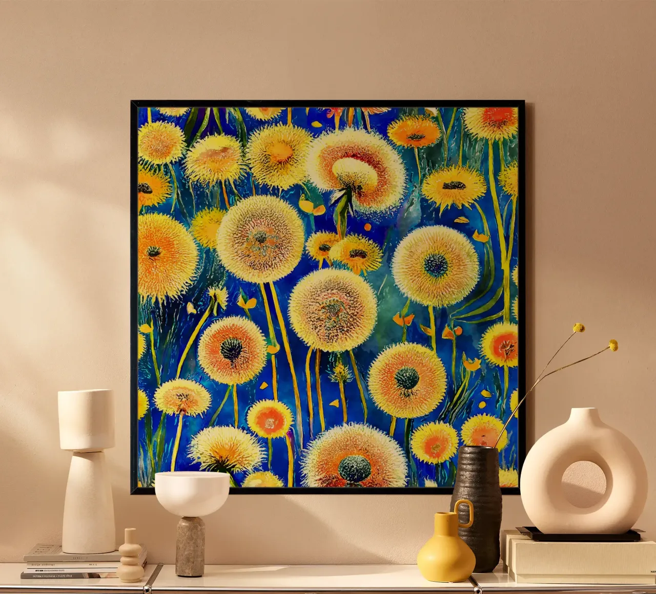 Denti di leone divertenti poster con telaio in alluminio da Botanical Pattern House