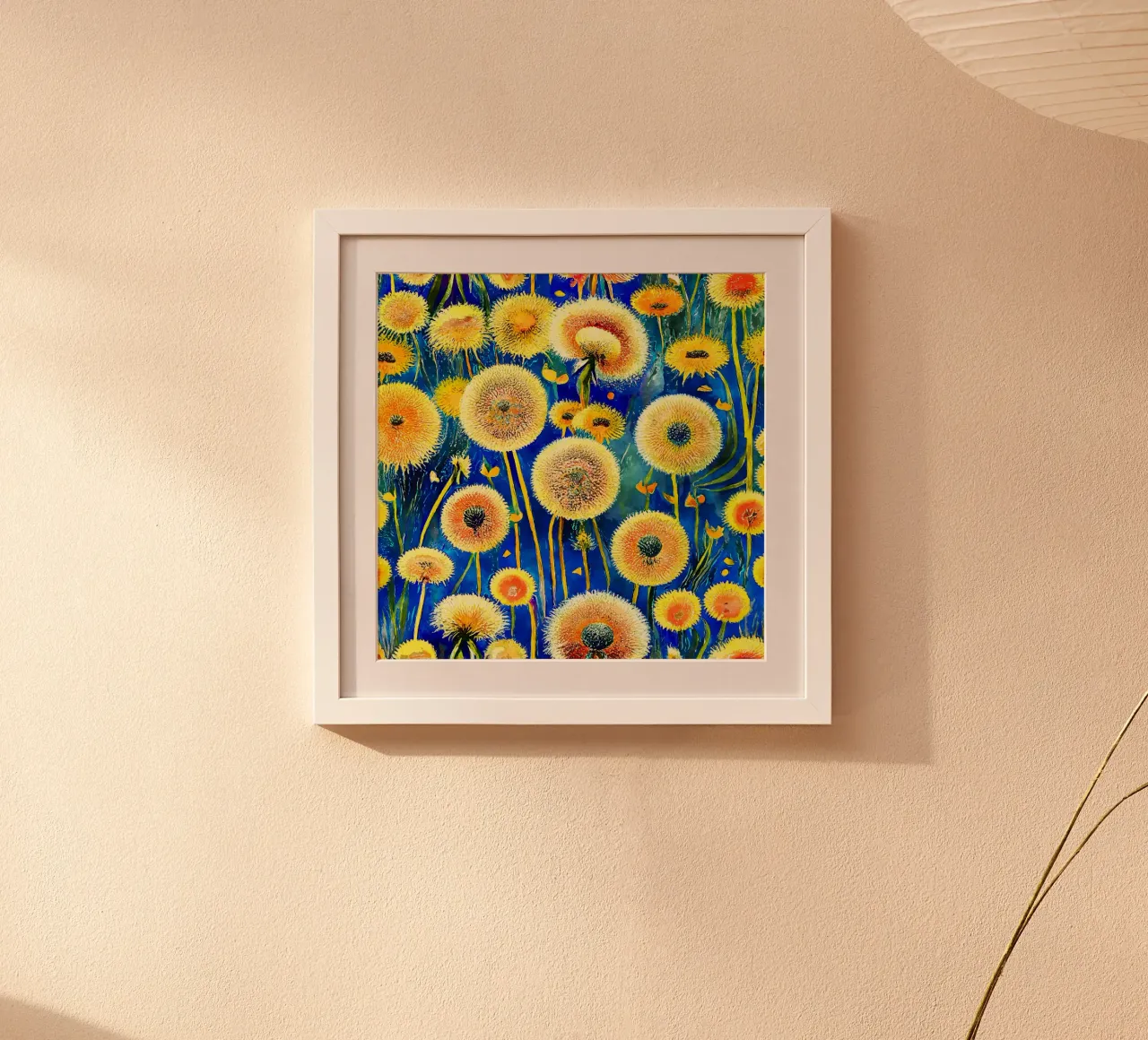 Denti di leone divertenti poster con telaio in alluminio da Botanical Pattern House