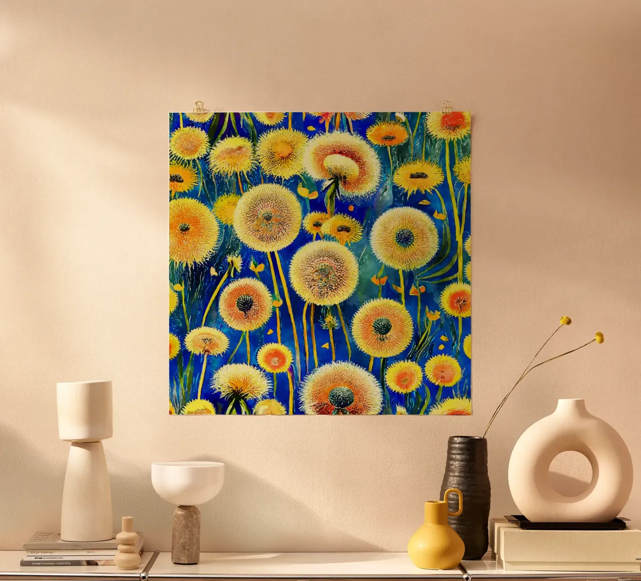 Denti di leone divertenti poster con telaio in alluminio da Botanical Pattern House
