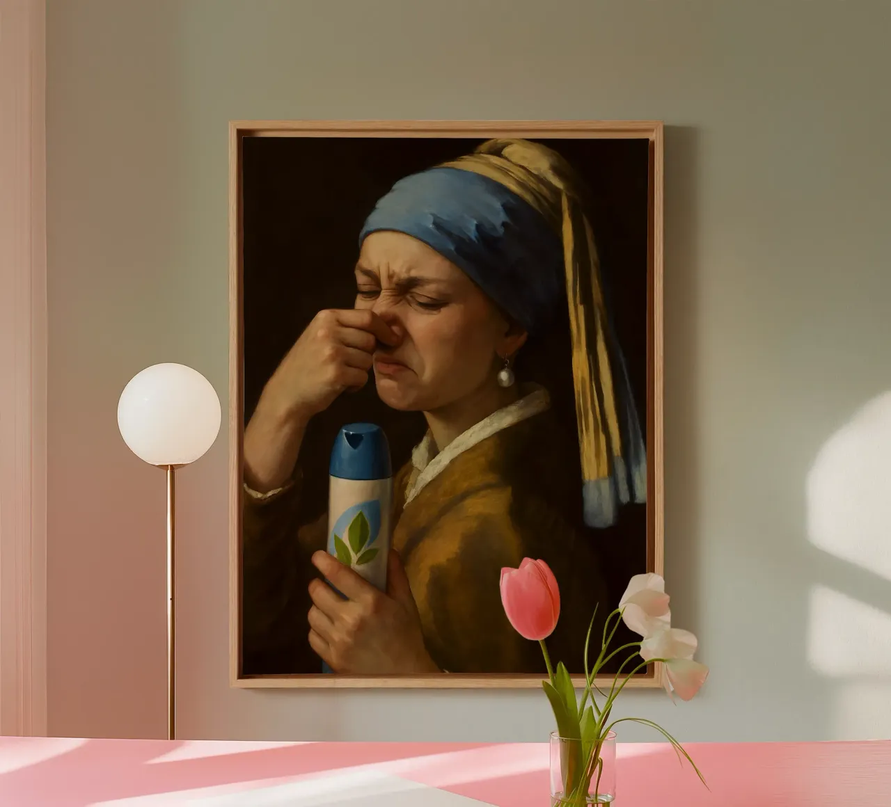 Mädchen mit einem Perlenohrring lustig Badezimmer Toilette Porträt Leinwand mit Schattenfugenrahmen von ARTOMATIC
