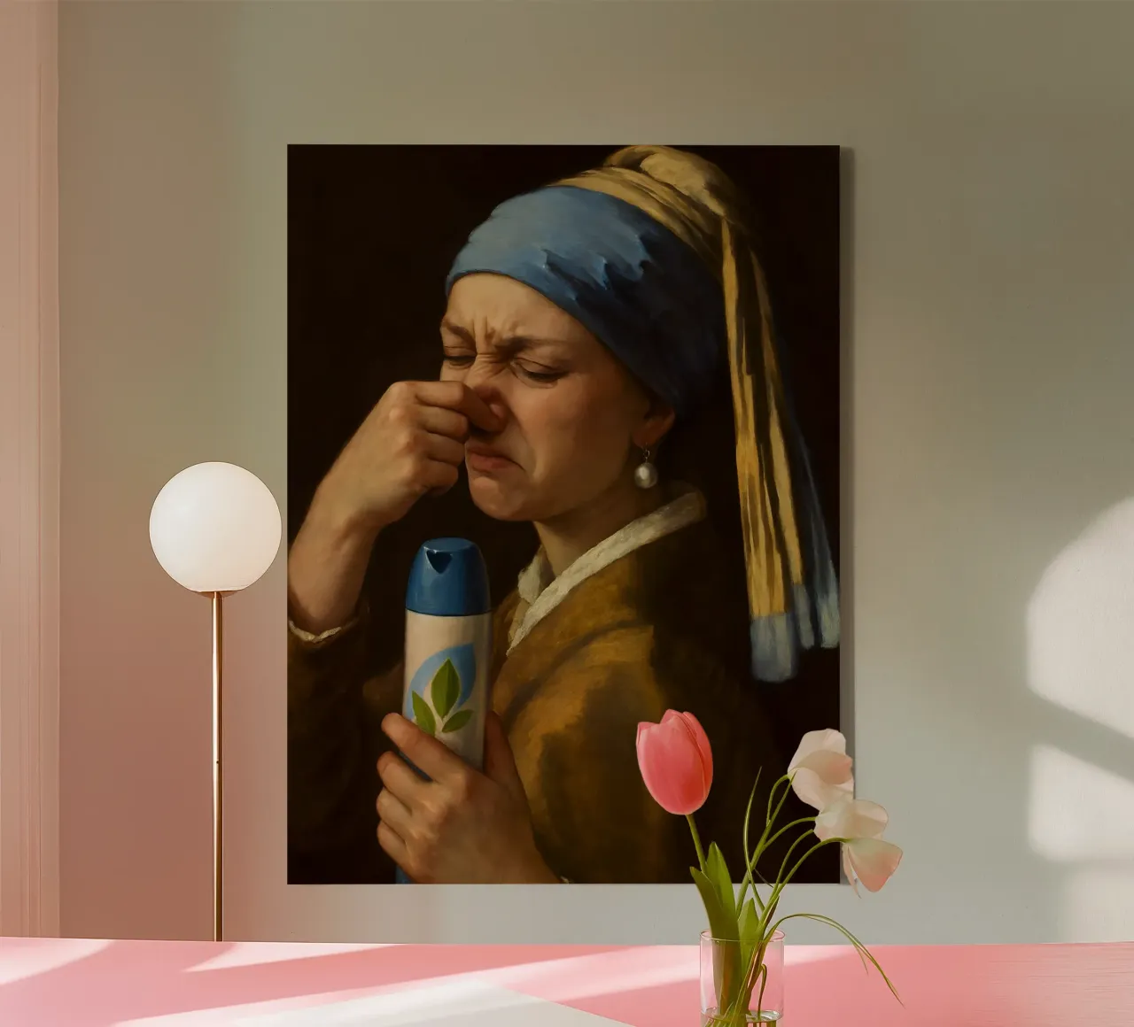 Mädchen mit einem Perlenohrring lustig Badezimmer Toilette Porträt Leinwand mit Schattenfugenrahmen von ARTOMATIC