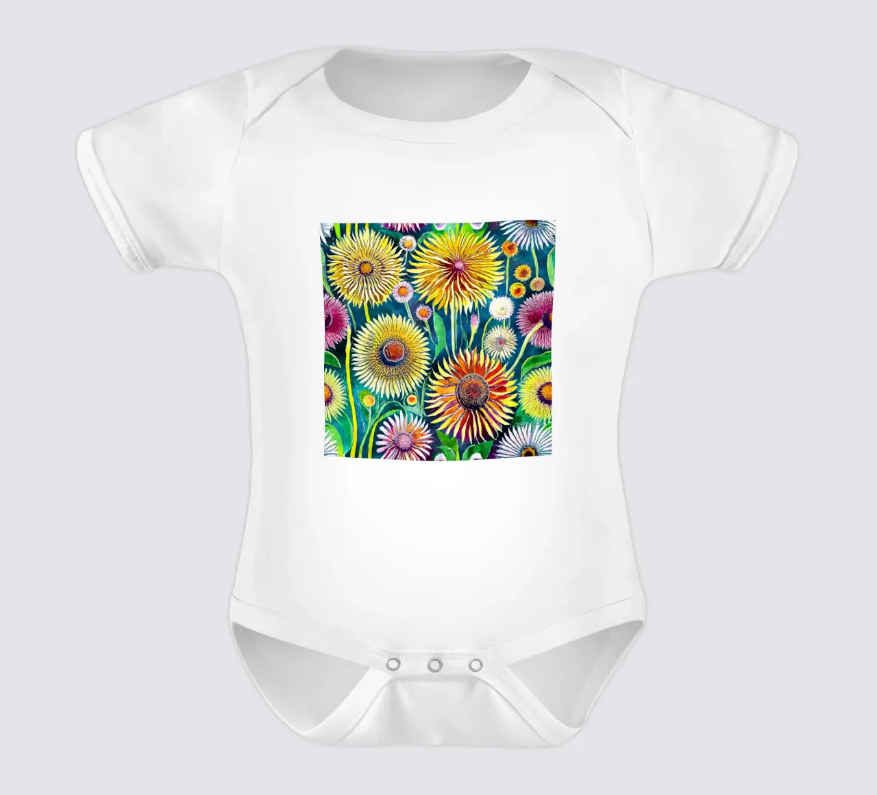 Funky Dandelions short-sleeve baby romper by Botanical Pattern House
