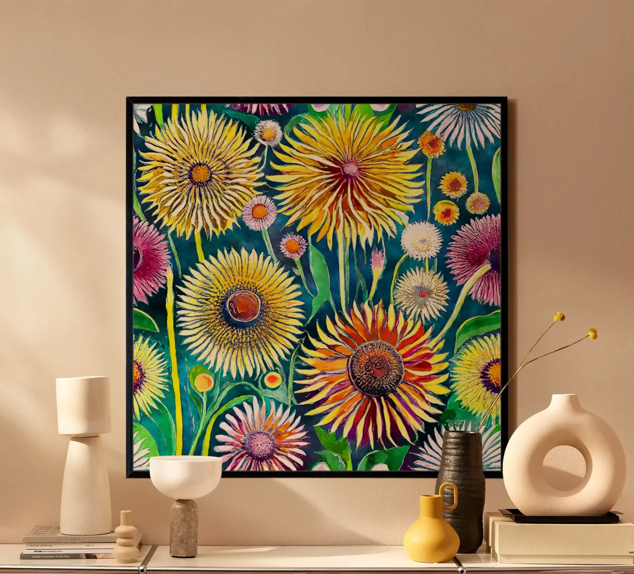 Denti di leone divertenti poster con telaio in alluminio da Botanical Pattern House