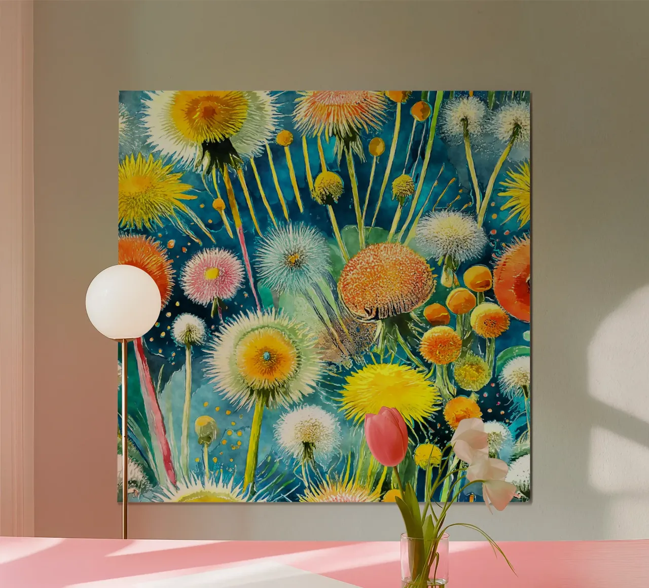Denti di leone divertenti poster con telaio in alluminio da Botanical Pattern House